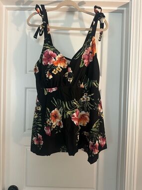 Black Floral Tie-Shoulder Swim Tank Top
